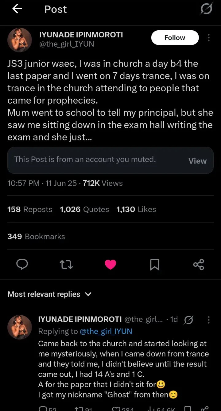 Lady who didn't sit for junior WAEC due to 7-day trance allegedly scores 14 A's, 1 C