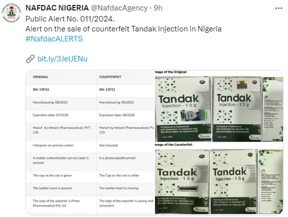 NAFDAC alerts Nigerians on the sale of counterfeit Tandak Injection in Nigeria