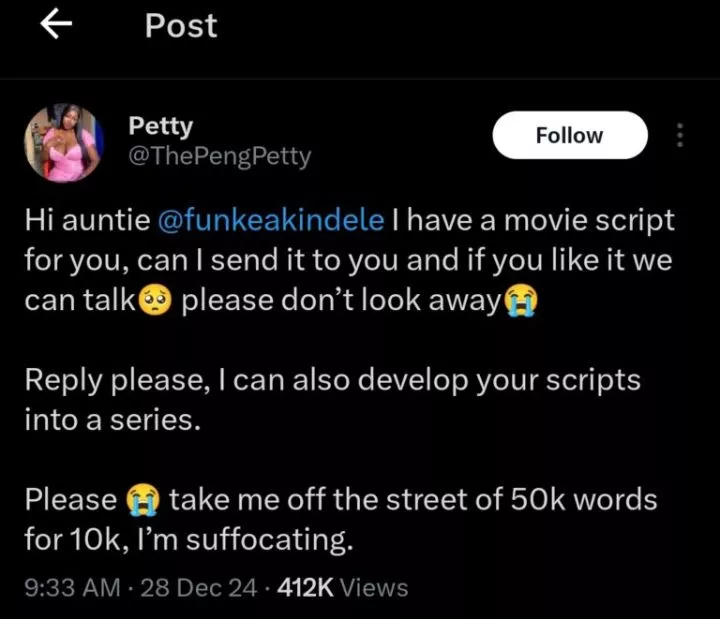 Scriptwriter begs Funke Akindele for collaboration, decries ₦10k pay for 50,000 words