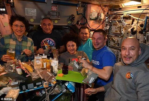 Astronauts eat three meals per day as well as snacks to make up a 2,500-calorie diet. Normally the crew won't eat together but they do get together for group meal on Sundays