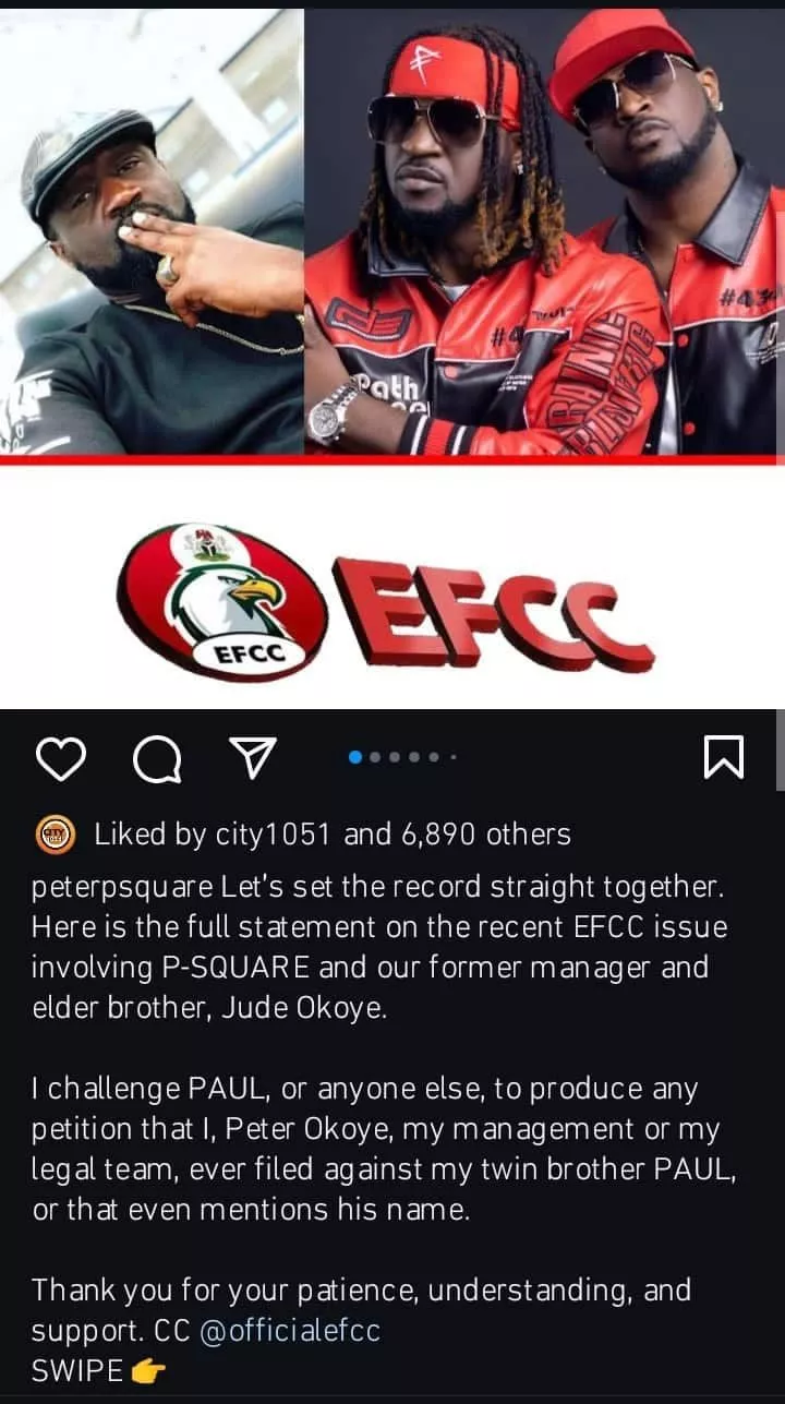 Peter Okoye strikes again with fresh open letter; counters Paul's EFCC arrest claims; exposes Jude, his wife