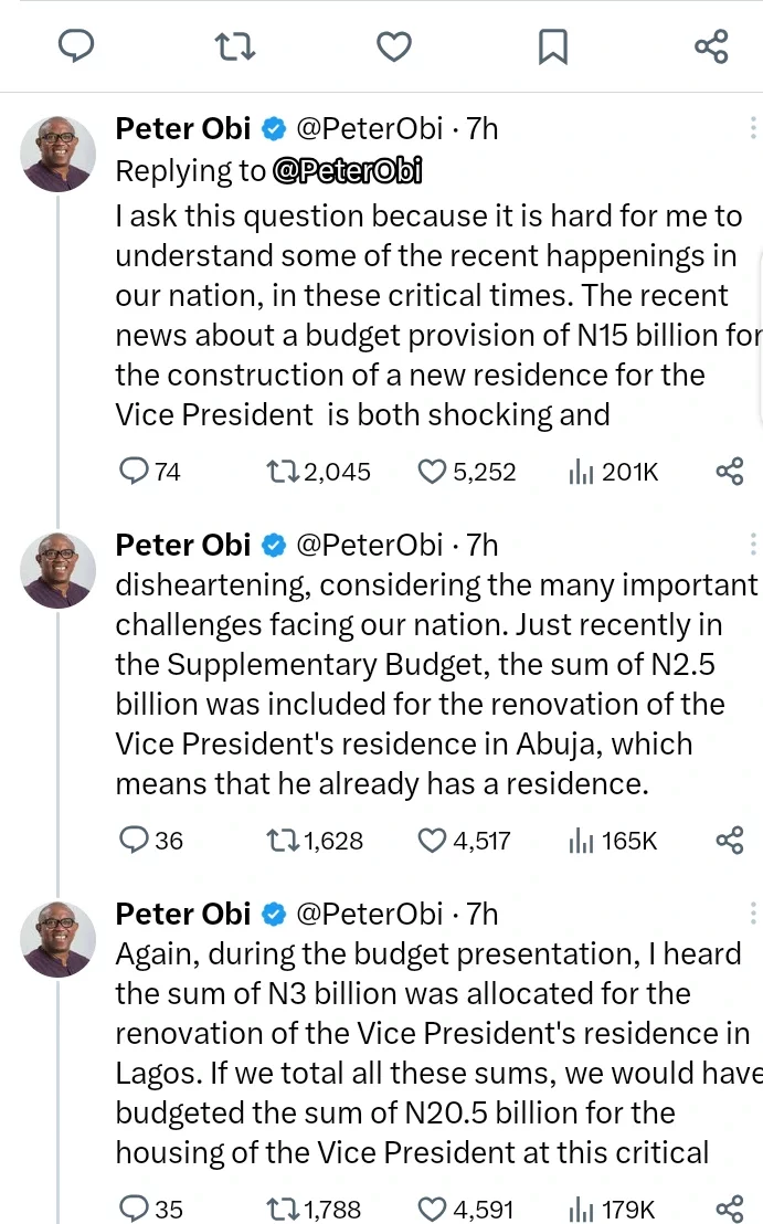 Provision of N15bn for the construction of a new residence for the VP is disheartening -Peter Obi