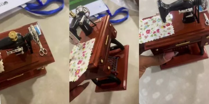 Tailor vents as she receives miniature sewing machine from online store