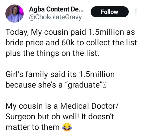 Nigerian doctor pays N1.5m as bride price and N60k for the marriage list