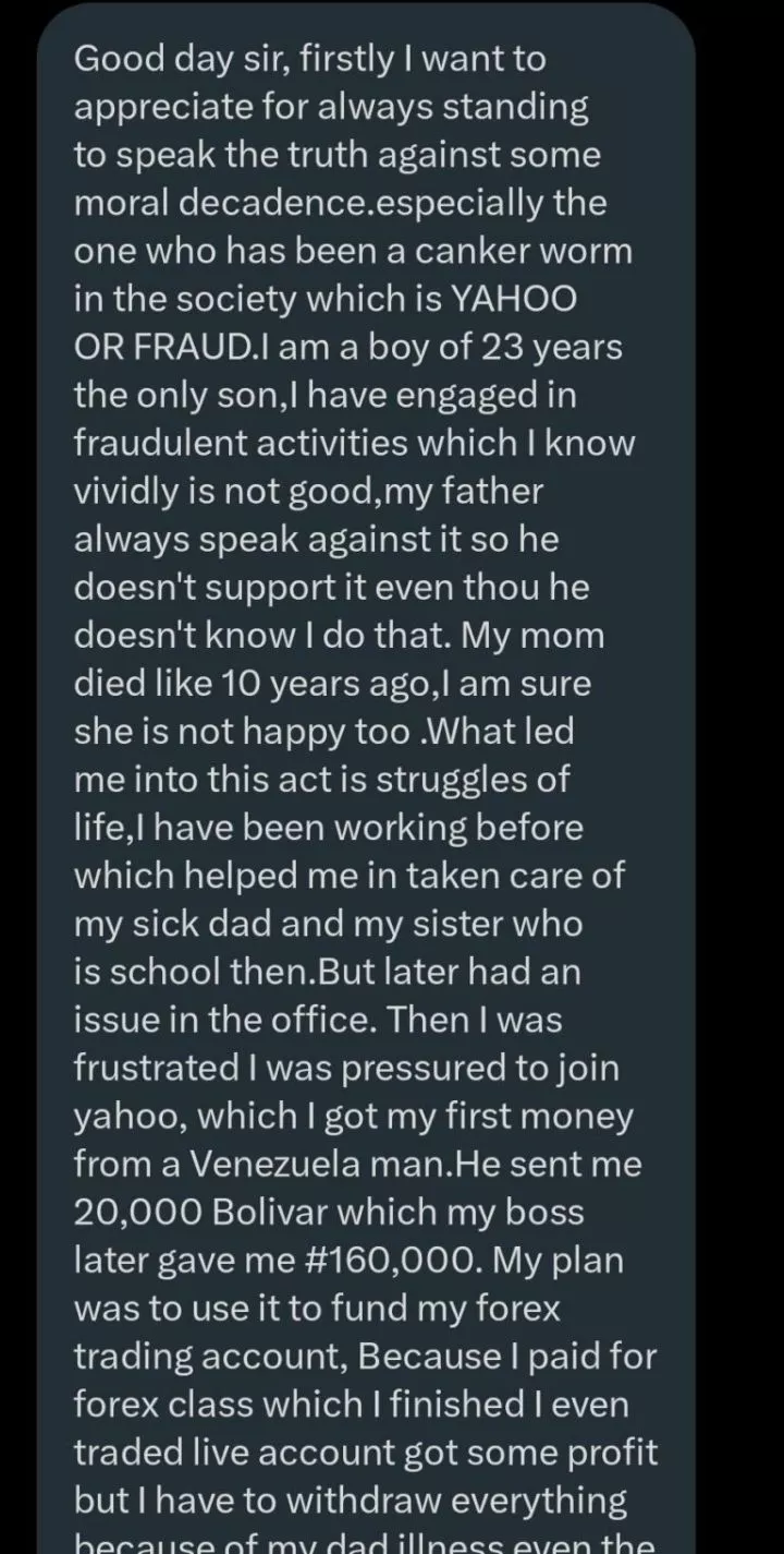 23-year-old yahoo boy regrets, feels pity for Venezuelan client after scamming him of 20,000 Bolívar