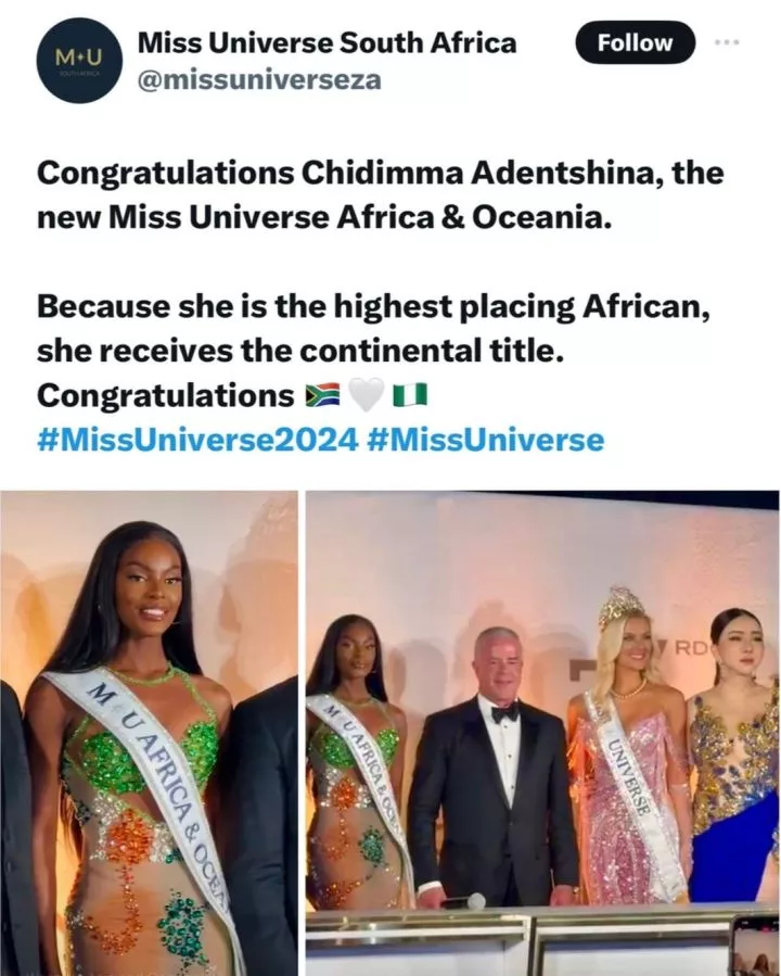 Chidinma Adetshina receives title of Miss Universe Africa and Oceania for being the highest placing African at the Miss Universe contest