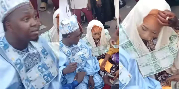 Nigerian man, wife wear naira note necklaces at wedding