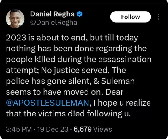 'One more tweet about this...' - Apostle Suleman sends stern warning to Daniel Regha over recent statement