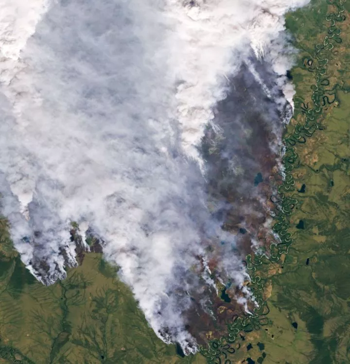 Satellite image shows a large fire burning in Sakha, a region of northern Russia located along the Arctic Ocean, on July 10, 2024.