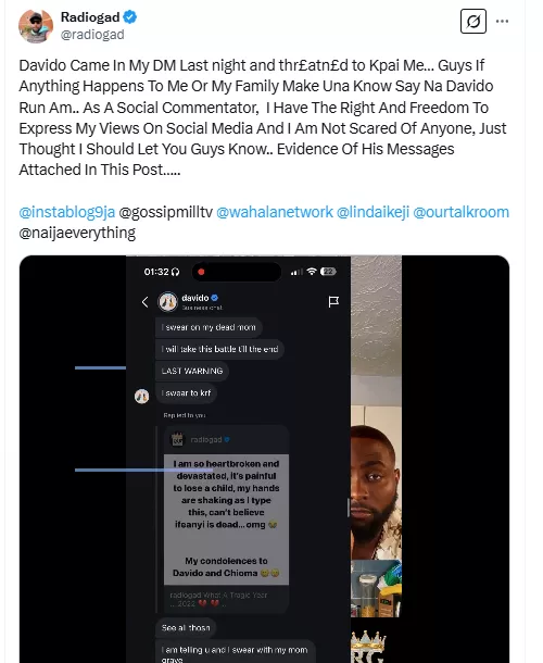 Radiogad cries out as Davido storms his DM after criticizing his upcoming album