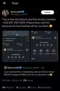 inDrive driver blocks lady after receiving ₦69k instead of ₦6,900