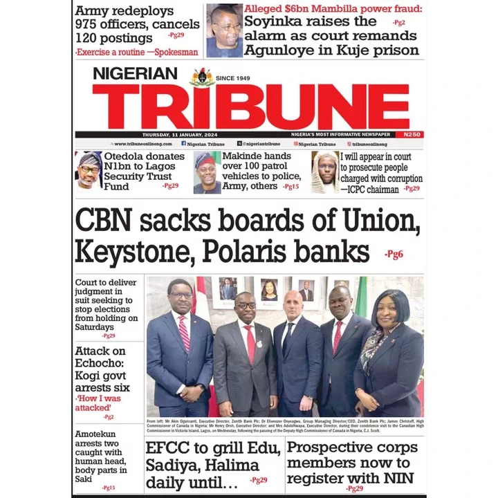 Nigerian Newspapers Daily Front Pages Review - Thursday 11th January, 2024