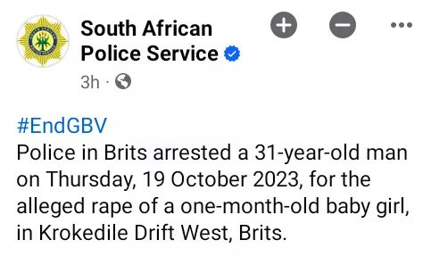 30-year-old father arrested for allegedly r@ping his newborn daughter in South Africa
