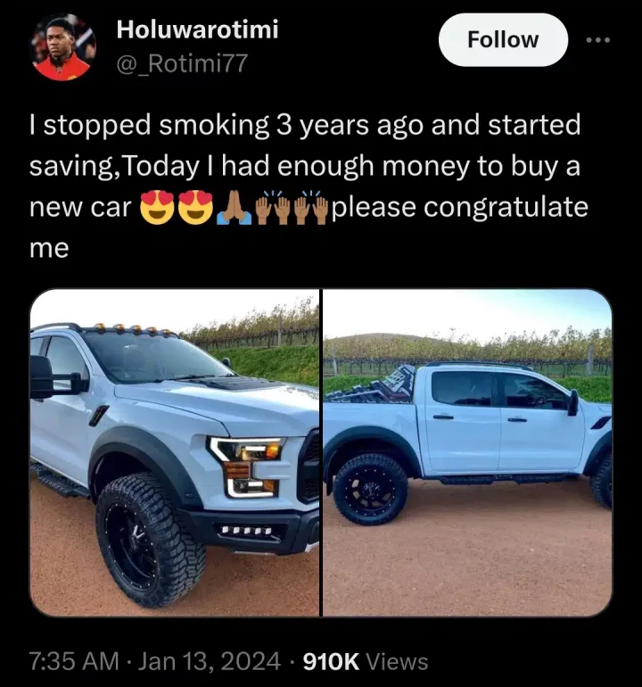 Nigerian man flaunts multi-million naira car after quitting smoking for 3 years