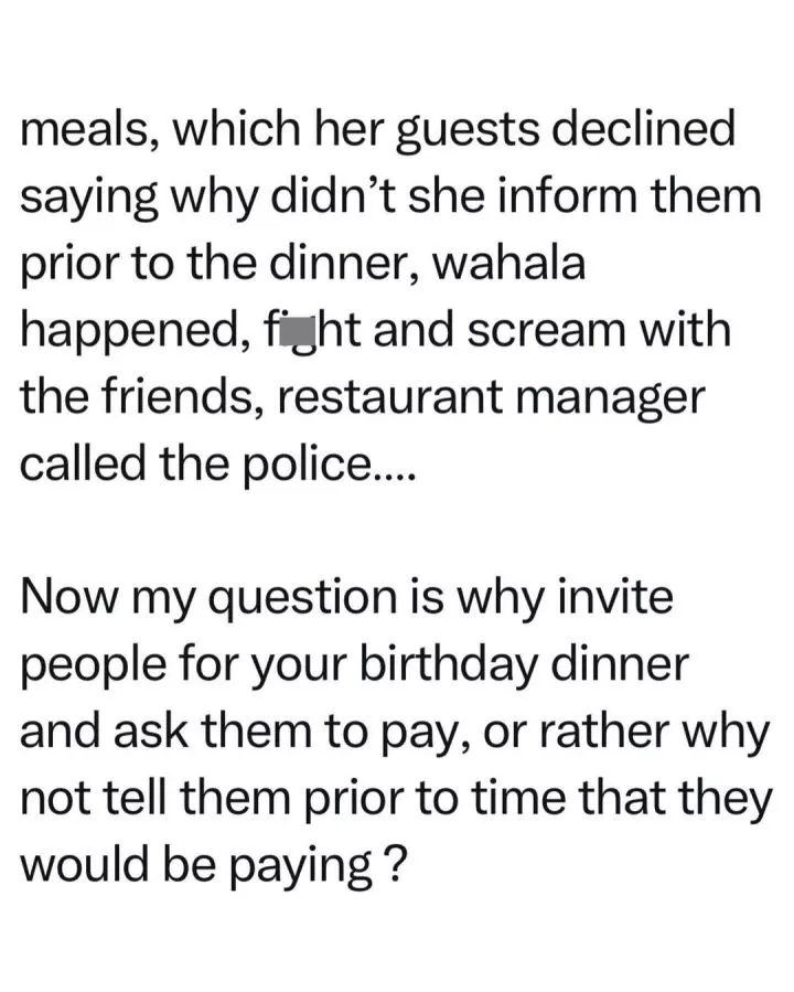 Lady lands in Police station after guests refused to pay for birthday dinner