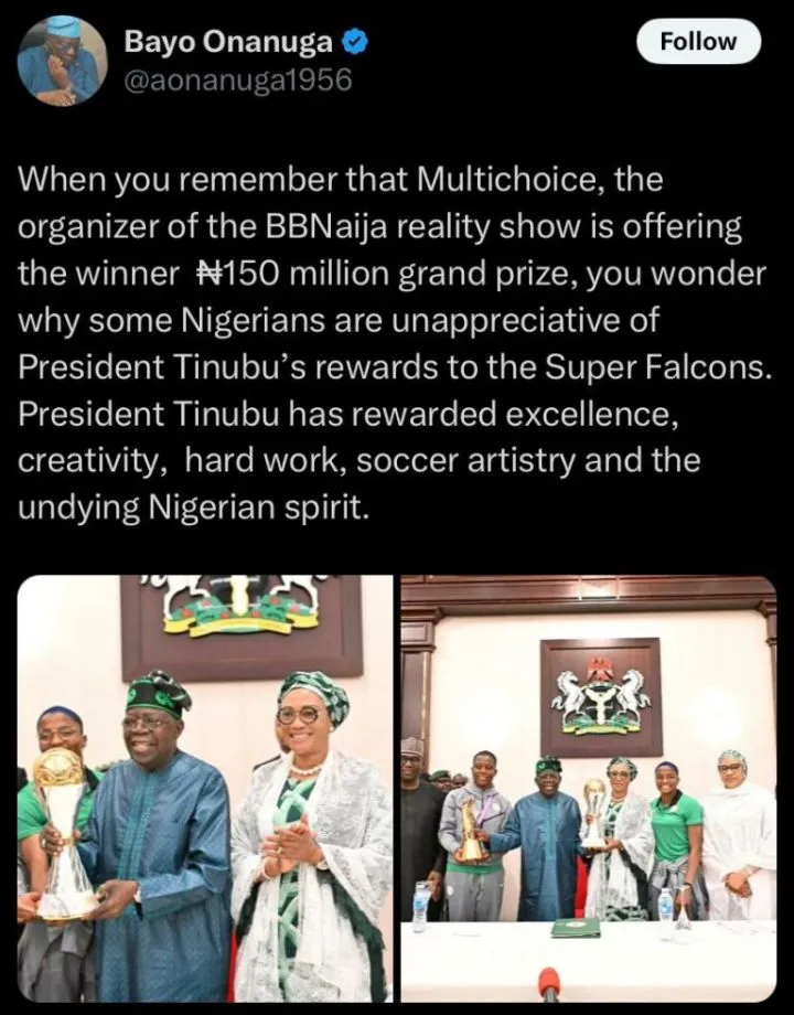 'Why complain?' - If BBNaija winner gets N150m, Falcons deserve Tinubu's reward' - Tinubu's aide