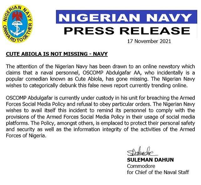 Nigerian Navy discloses whereabouts of missing comedian, Cute Abiola