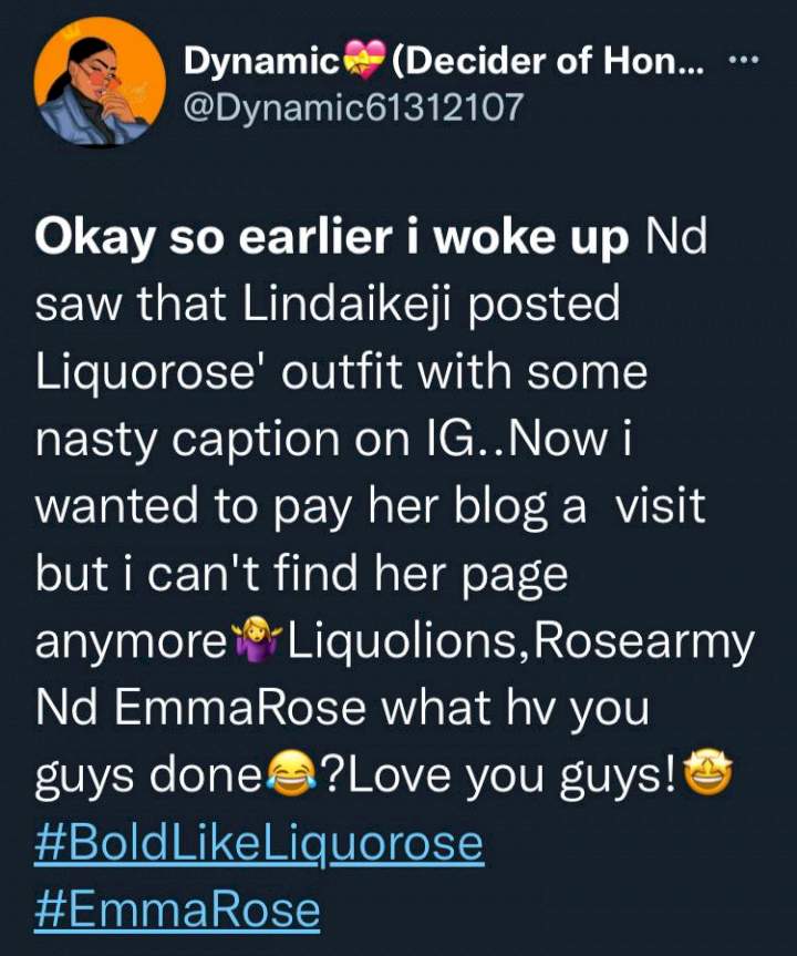 Reactions as lady applauds fans for allegedly aiding suspension of blog that shared Liquorose's photo with 'nasty caption'
