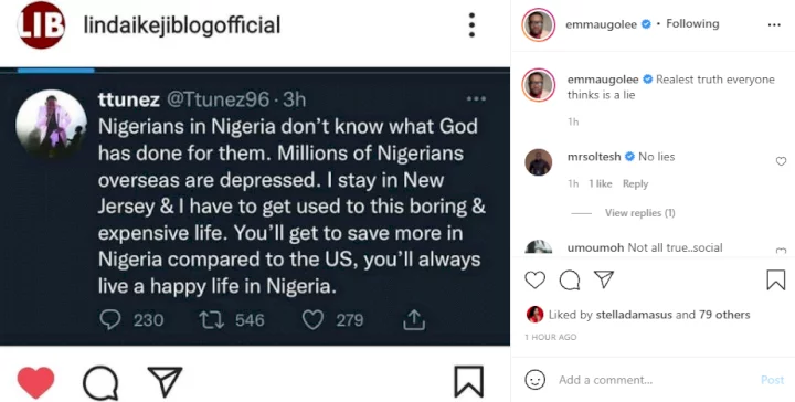 Realest truth everyone thinks is a lie- media practitioner Emma Ugolee backs US-based artiste who said Nigerians in diaspora are depressed