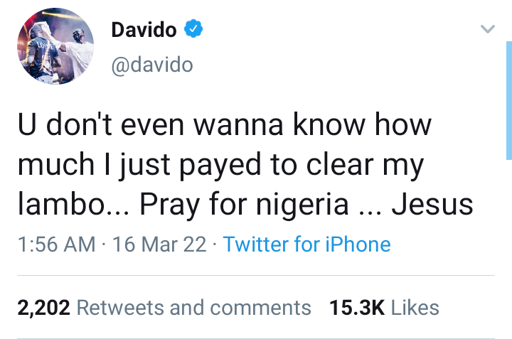 'Pray for Nigeria' - Davido calls as he laments the circumstances that bordered the clearance of his new Lamborghini