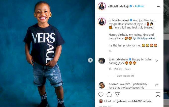 Linda Ikeji changes son's surname from baby daddy's to her father's name as he turns three