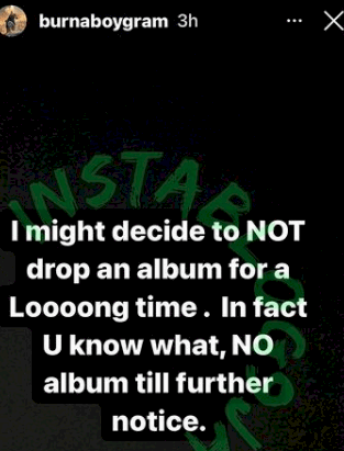 'No album till further notice', - Burna Boy announces
