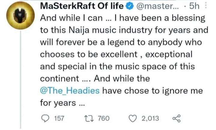 Masterkraft accuses Headies of ignoring his contribution to music industry