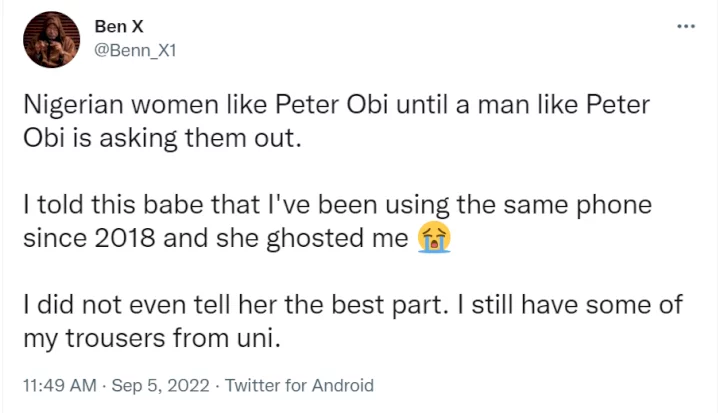 Nigerian man narrates how lady ghosted him after discovering he's been using one phone since 2018