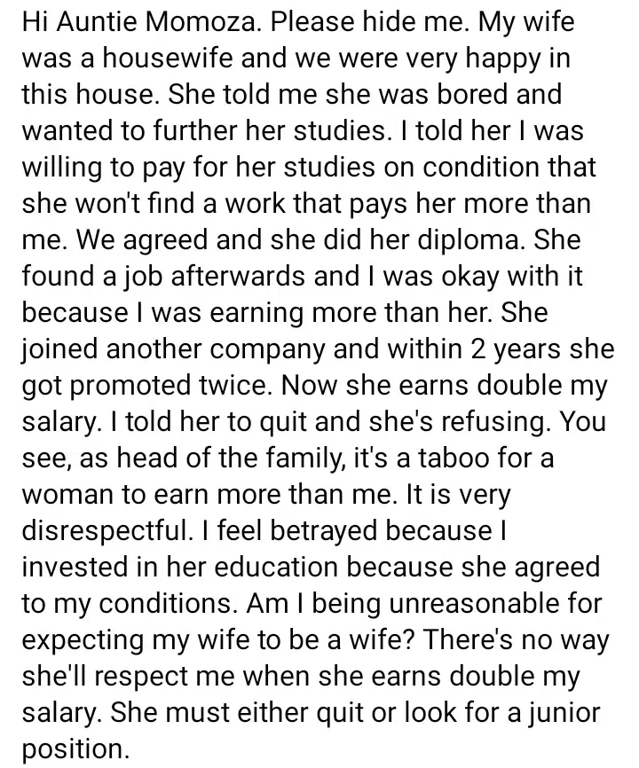 'It's a taboo for my wife to earn more than me' - Man asks wife to quit job after she broke their agreement