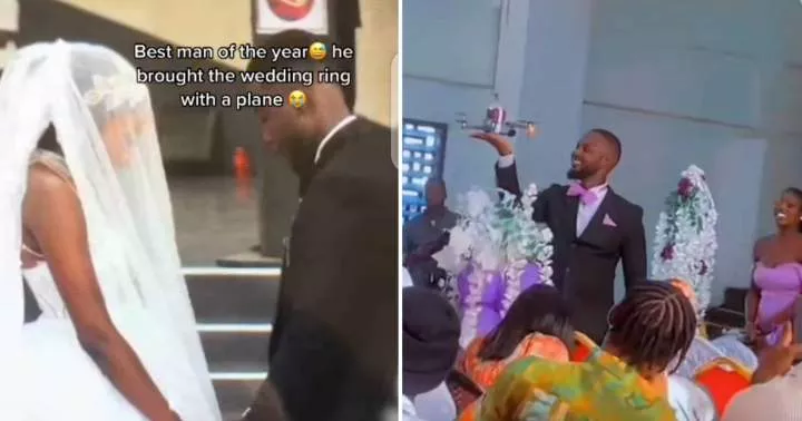 "Imagine say e crash for road" - Groom uses drone to transport wedding ring to venue (Video)