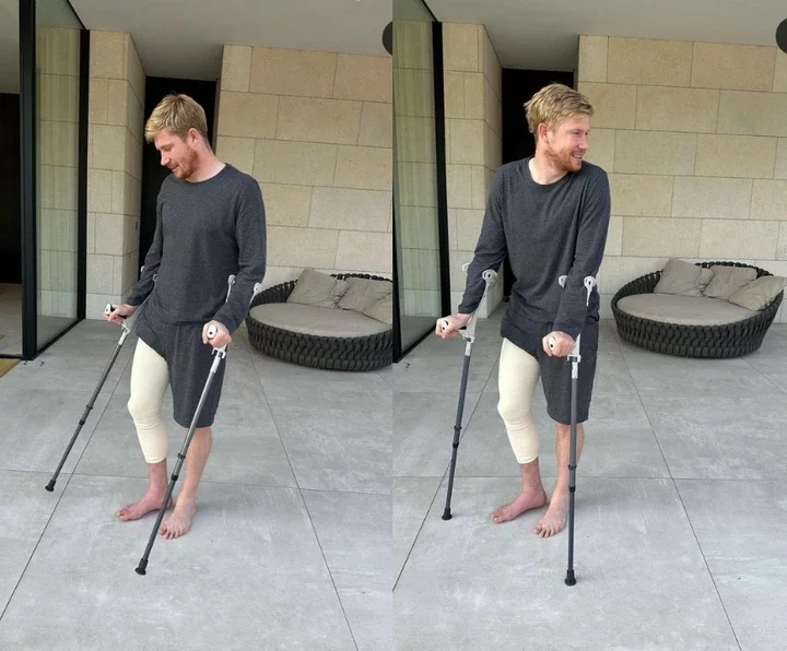 Erling Haaland, Grealish, Ederson, others react as Kevin De Bruyne steps out in crutches.