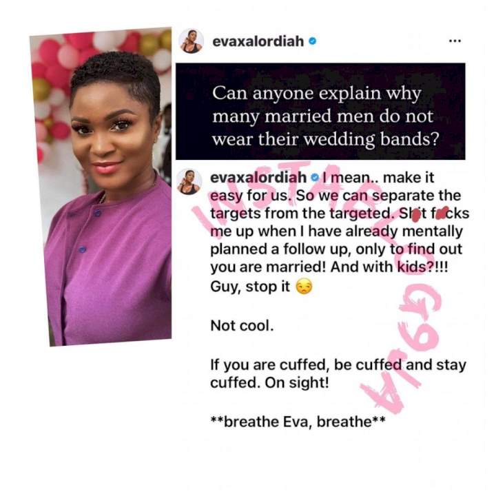 'If you're cuffed, be cuffed' - Ex-rapper, Eva Alordiah calls out married men who don't wear their wedding bands