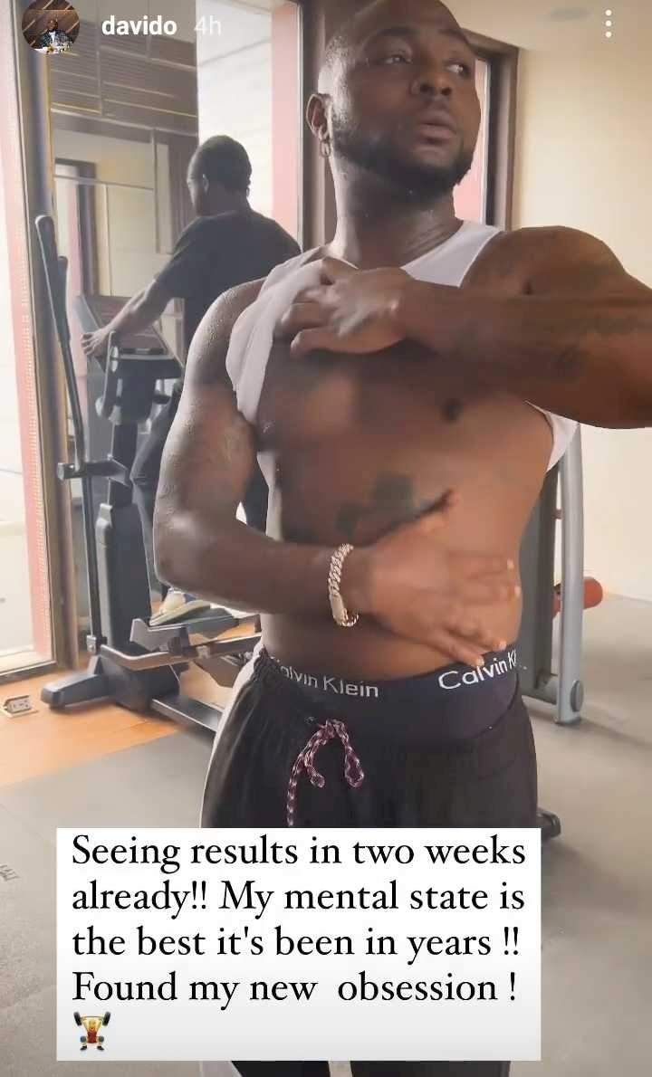 'My mental health is the best it's been in years' - Davido says as he shows off body after weeks of rigorous exercise (Video)