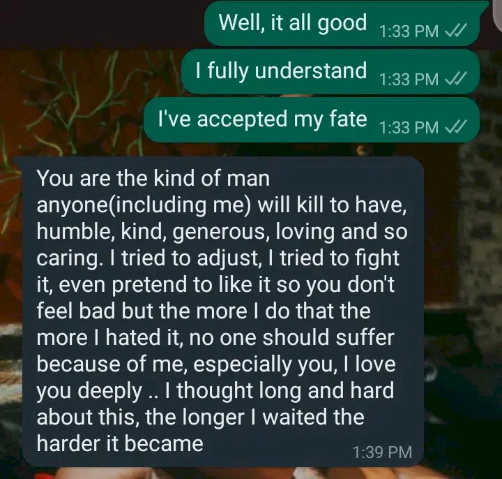 Heartbroken man shares chats as girlfriend breaks up with him for being too 'perfect'