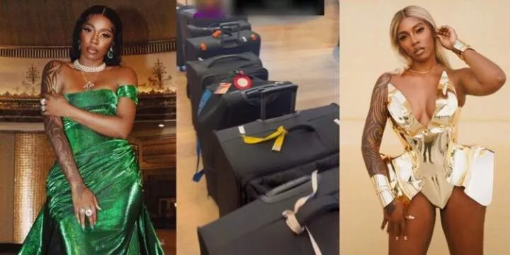 "I need a private jet" - Tiwa Savage laments as she shows off her 14 suitcases while jetting out of England