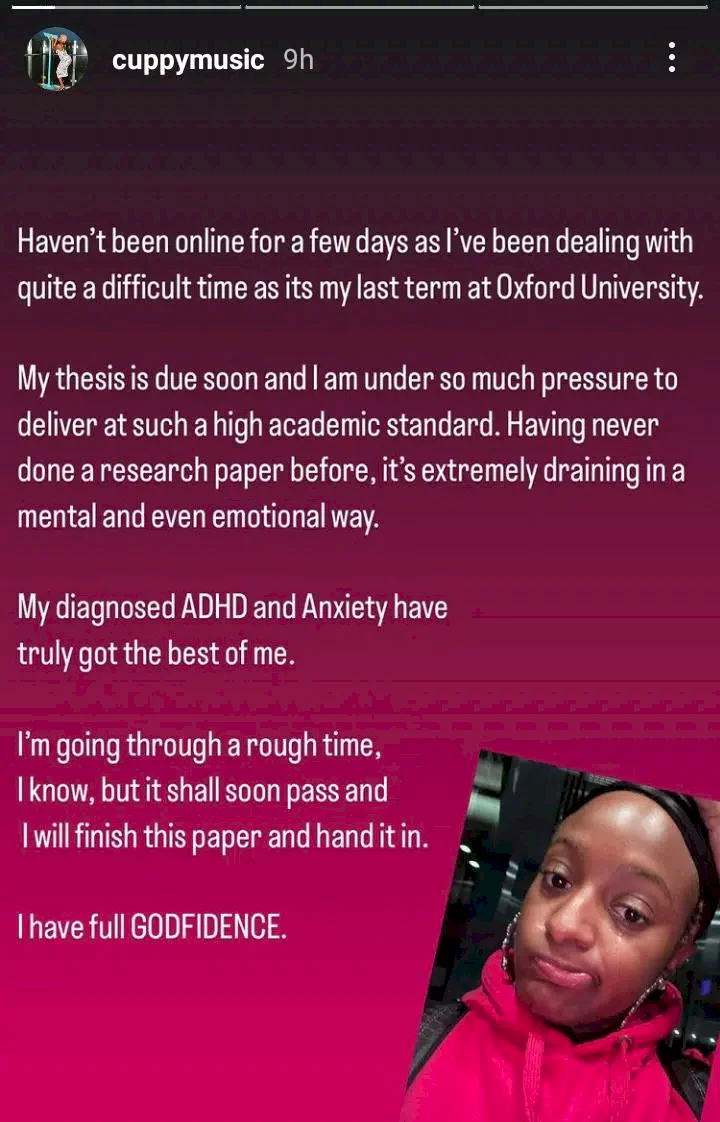 'You won't be broke if you drop out' - Netizens react as DJ Cuppy admits struggling to cope with the academic standard at Oxford university