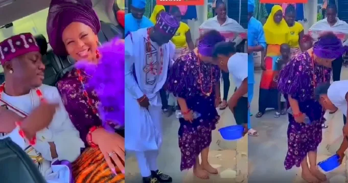 Nigerian man excitedly shows off his white partner as they tie the knot (video)
