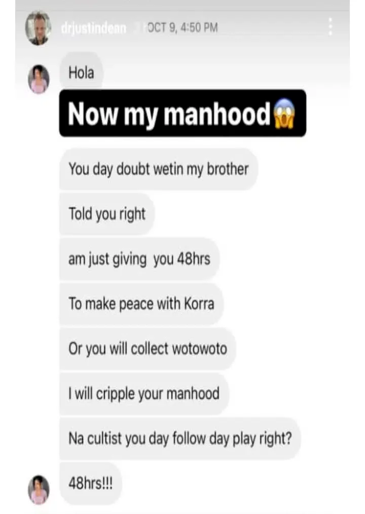 'Reconcile with her or I'll cripple your m*nhood' - Korra Obidi's estranged husband, Justin shares threat messages from Nigerians