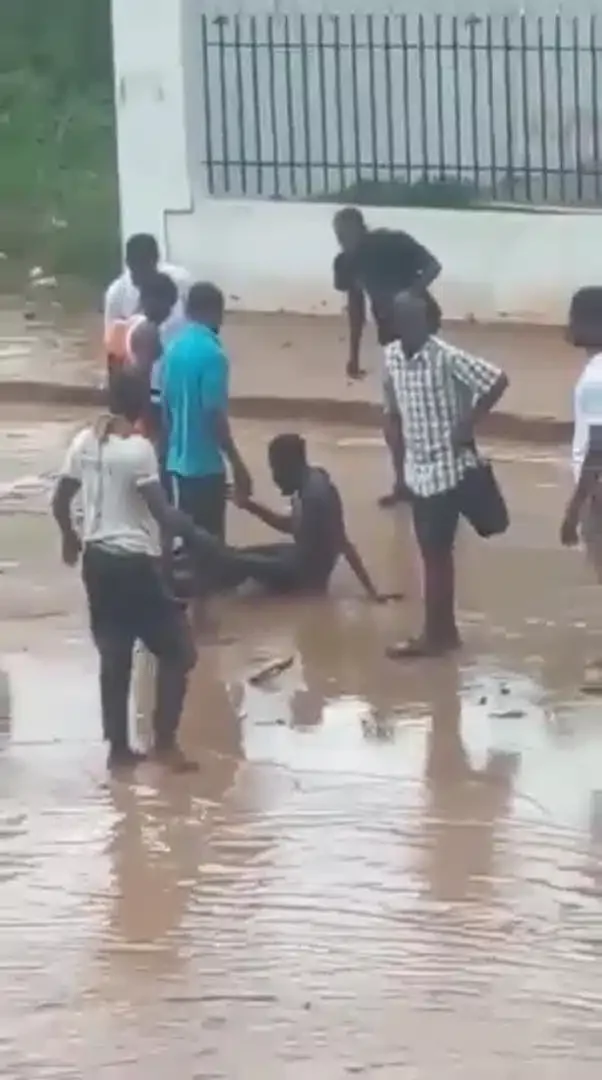 Moment onlookers rescue man trapped in flood (Video)