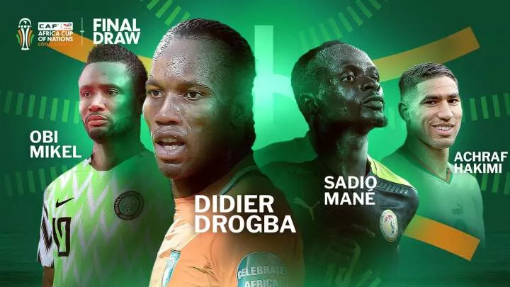 Mikel Obi, Didier Drogba, Sadio Mane and Achraf Hakimi team up in Cote d'Ivoire for AFCON draw. X/CAF Online