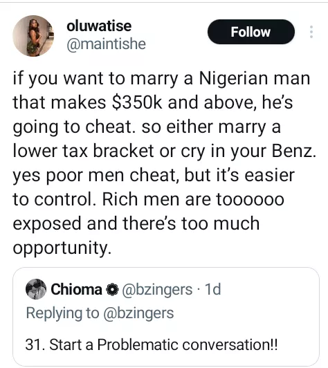 'Any Nigerian man that makes $350k and above, will cheat on his partner' - Nigerian lady reveals