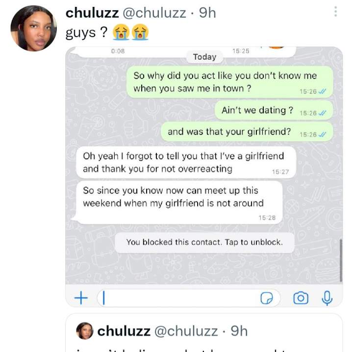 Woman shares chat with her "boyfriend" after she bumped into him with another girlfriend
