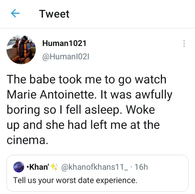 Worst Date Experience: Man recounts how a babe left him behind at the cinema after he fell asleep while watching a movie