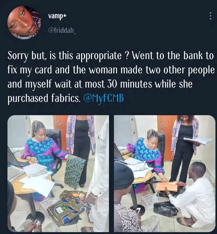 Female banker makes customers wait in queue as she purchases fabrics inside banking hall (Video)