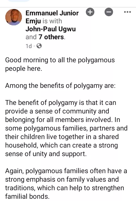 "It sets men free from high blood pressure thereby increasing their life expectancy rate" - Nigerian man lists benefits of polygamy