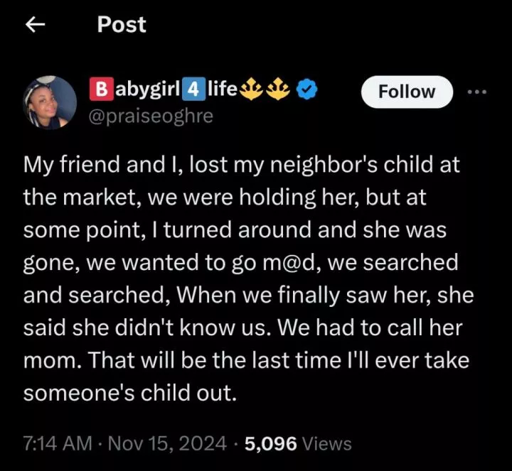 Lady shares horrific experience after losing neighbor's child in market