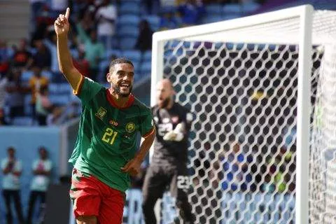 Jean-Charles Castelletto celebrates scoring for Cameroon at the 2022 World Cup (Agencia MexSport)