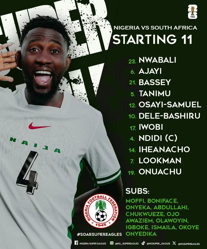 NGA vs RSA: Check Out Super Eagles' Confirmed Starting Lineup Ahead Of Today's World Cup Qualifier