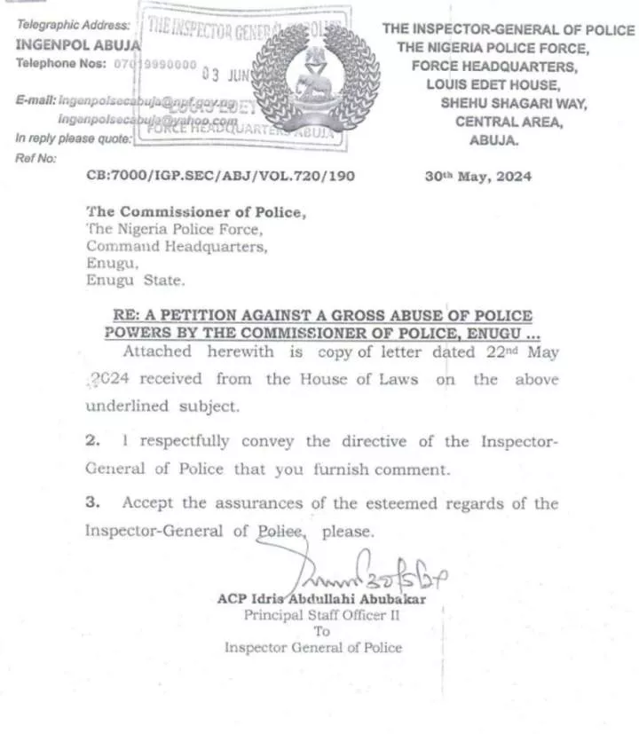 IGP Egbetokun Queries Enugu Commissioner of Police over Alleged Abuse of Powers [PHOTO]