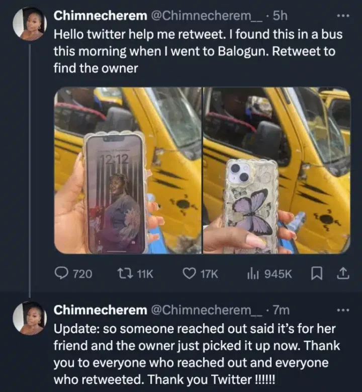 Lady praised for returning iPhone 14 found in bus to owner